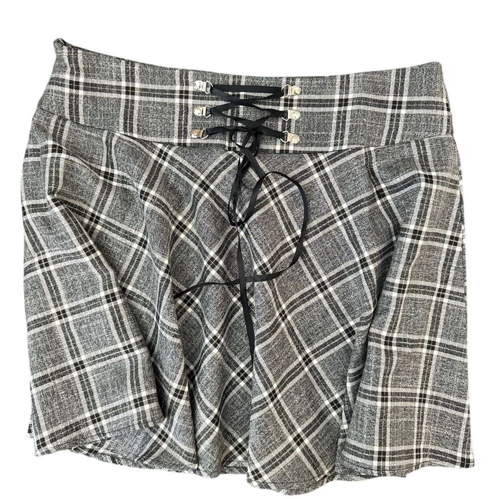 Gray Black Plaid Mini Skirt XL Lace Up Waist Schoolgirl Y2K Aesthetic Skirt - Picture 3 of 7